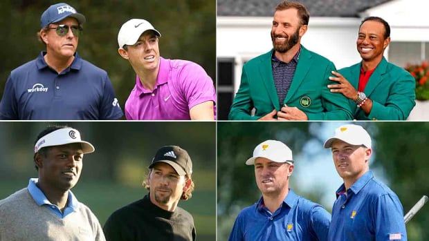 Clockwise from top left: Phil Mickelson, Rory McIlroy, Dustin Johnson, Tiger Woods, Jordan Spieth, Justin Thomas, Sergio Garcia and Vijay Singh.